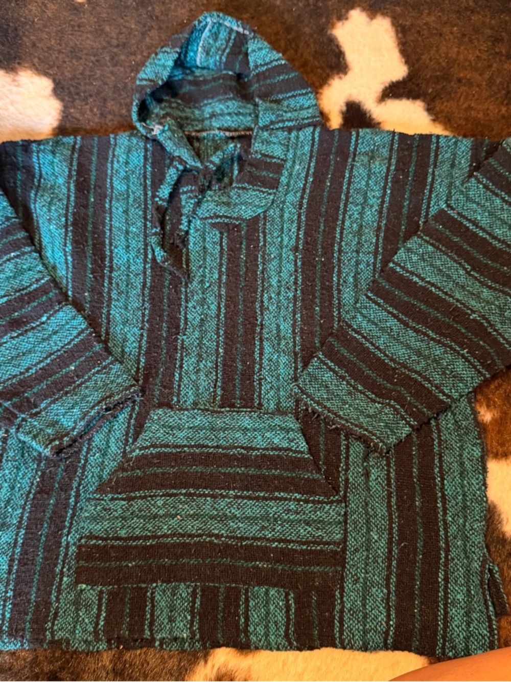 Vintage Baja Green Teal and Black Striped Hoodie Sweater